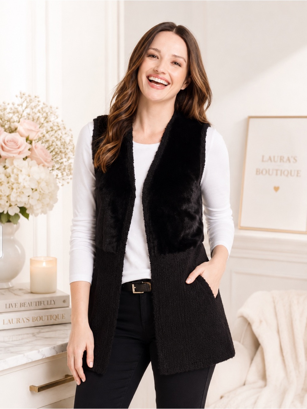 STYLE & CO Black Faux Fur Vest | Boho Knit |Small